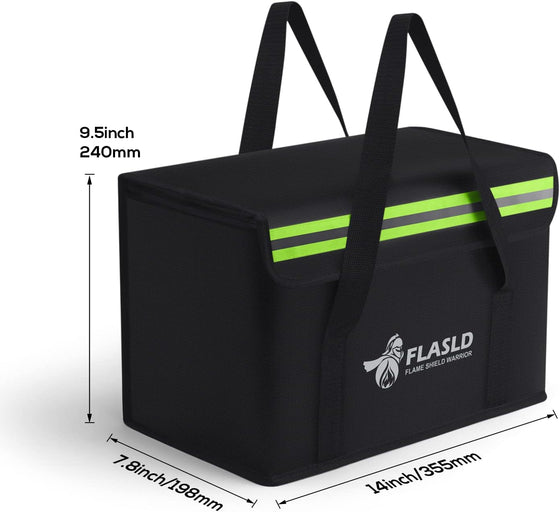 FLASLD Large Fireproof Lipo Bag for 100Ah Lithium Battery Storage and Charging, 14 x 7.8 x 9.5in Waterproof Box for Documents and Valuables