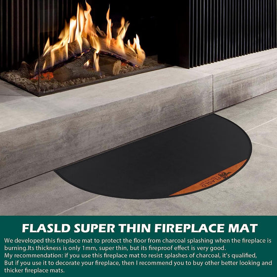 FLASLD Fireproof Fireplace Mat Half Round Hearth Rug Protects Floors from Sparks Embers, Black with Brown Label
